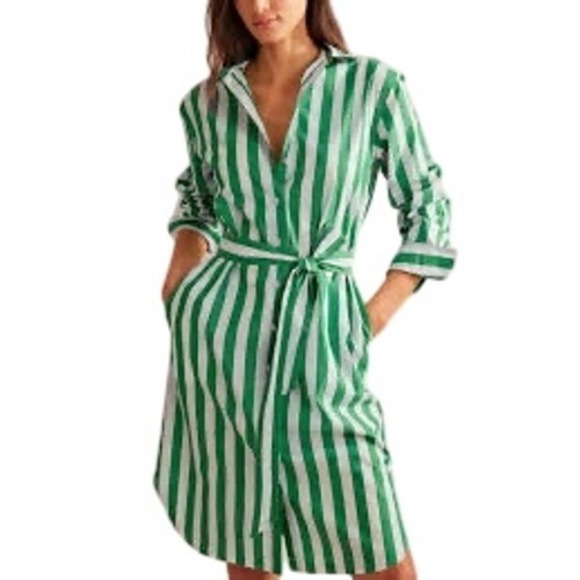 BODEN Relaxed Long Sleeve Cotton Midi Shirt Dress, Green and White Striped, 12R - Picture 1 of 11